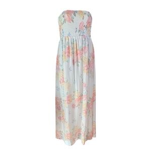 Old Navy strapless smocked tube maxi dress white fabric pink yellow floral print